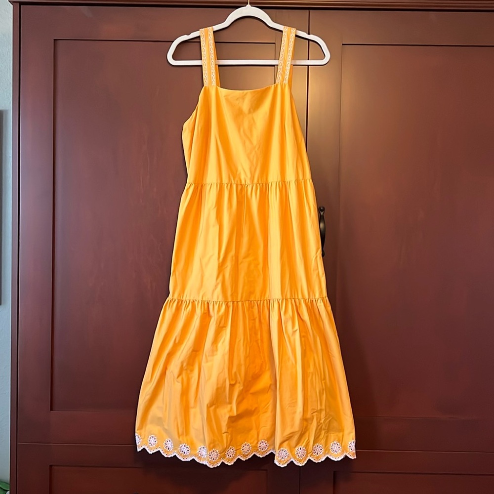 J. Crew size 10 Embroidered Eyelet Scalloped Tiered Dress Yellow